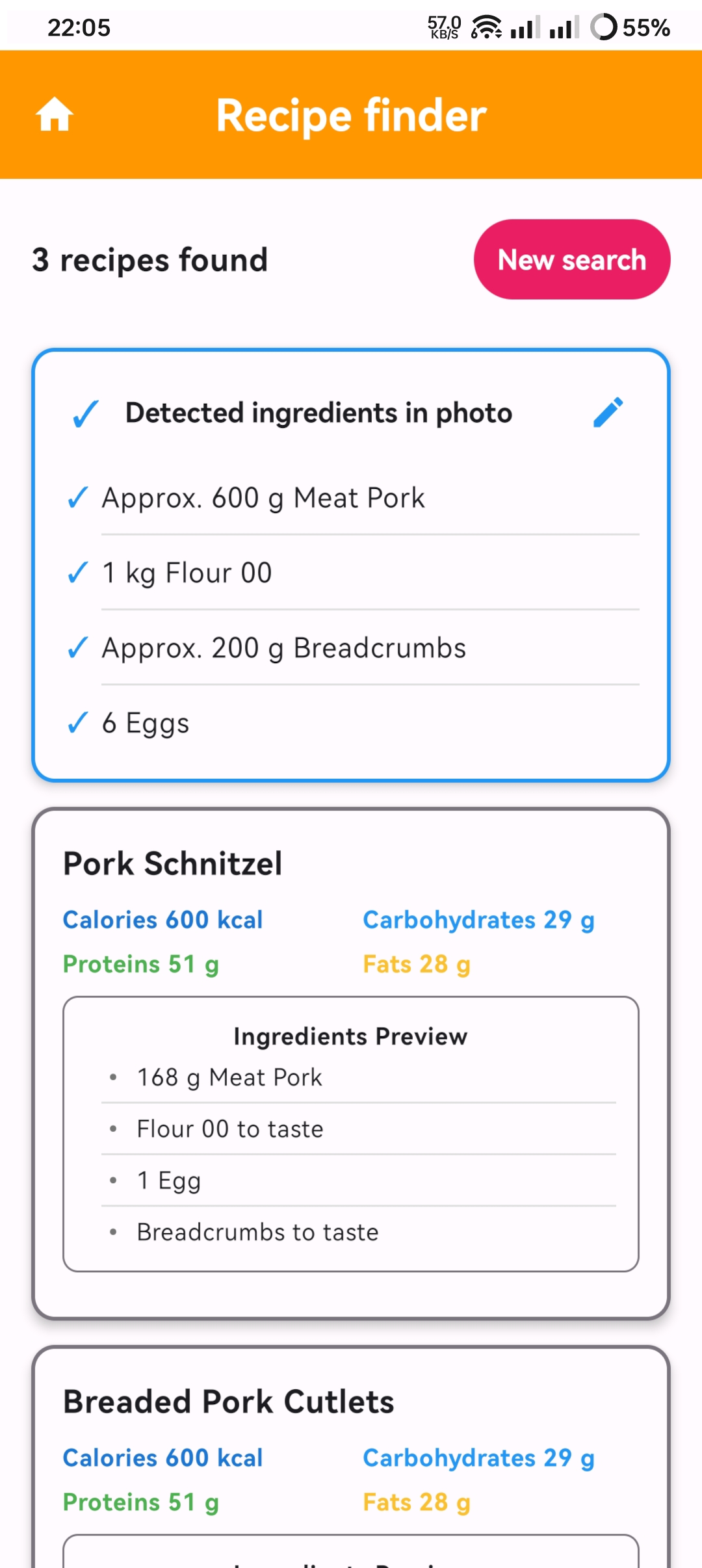 recipe finder page calorias ai app calorie counter android